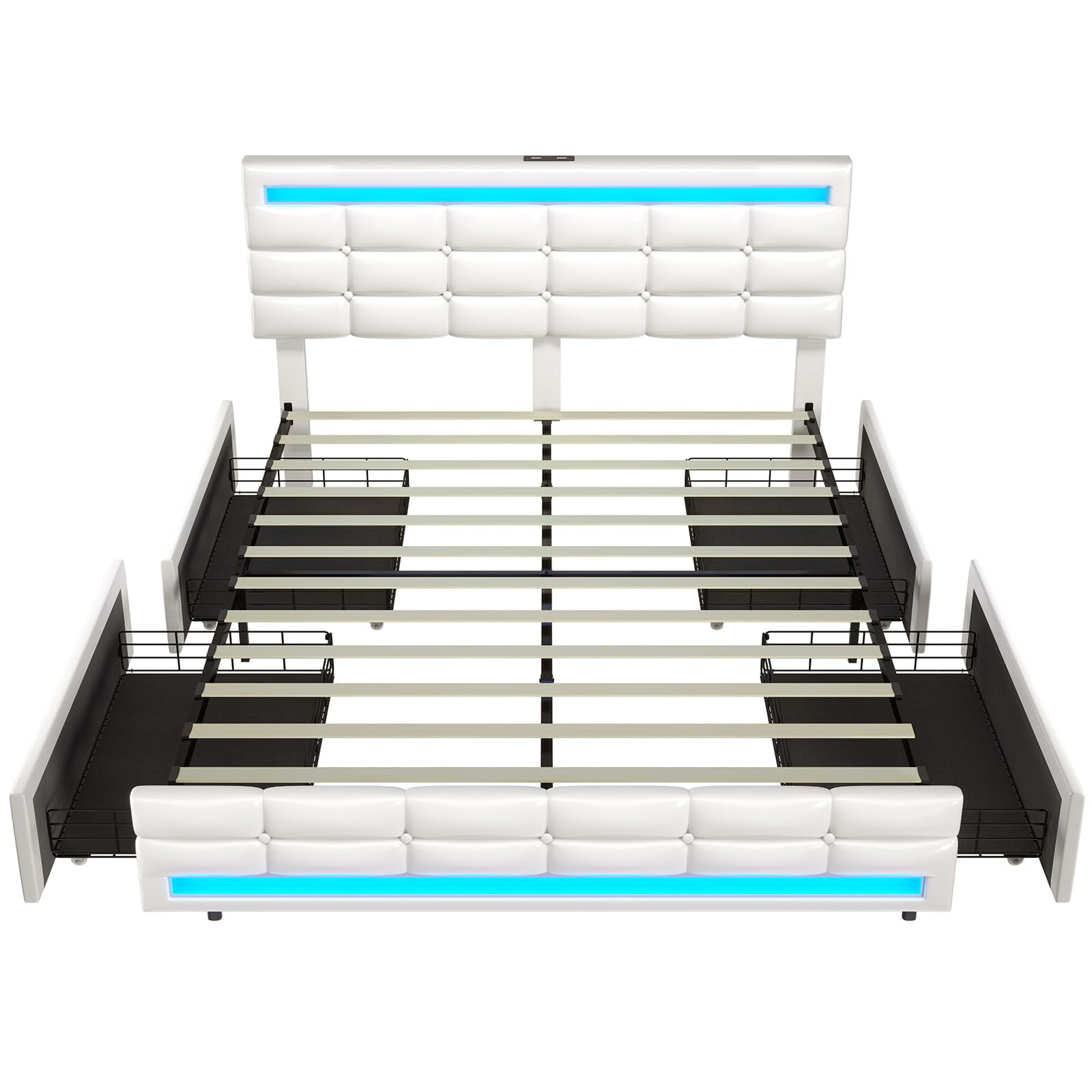 Afuhokles Queen Bed Frame with LED Lights Leather Platform Bed with Storage Drawers and Charging Station, White