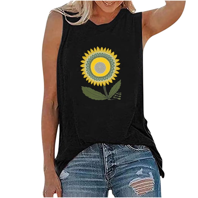 Pompotops Womens Tank Tops Casual Loose Fit Plus Size Sunflower Printed Tee Shirts