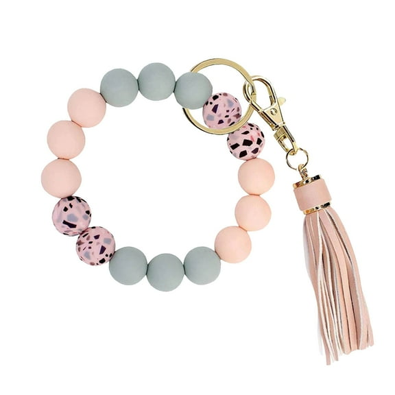 Silicone Keychain Bracelet Leather Tassel Wristlet Key Ring Bangle Bead Keyring For Women Girls Stylish Fashion Accessory