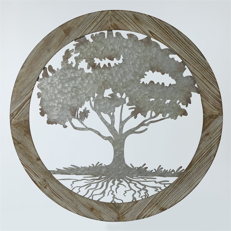 LuxenHome Rustic Silver Metal Tree of Life Wood Frame Wall Decor