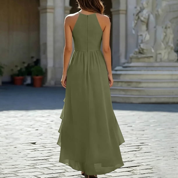 guess olive green dress QUNYINEY Summer Wedding for Women Midi Sleeveless Formal A Line Cocktail Dresses Pleated Ruffle Solid Slim Fit Crew Neck Dresses L/14