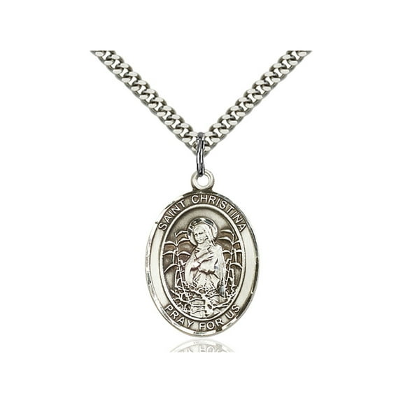 Sterling Silver St. Christina the Astonishing Pendant 1 x 3/4 inches with Heavy Curb Chain