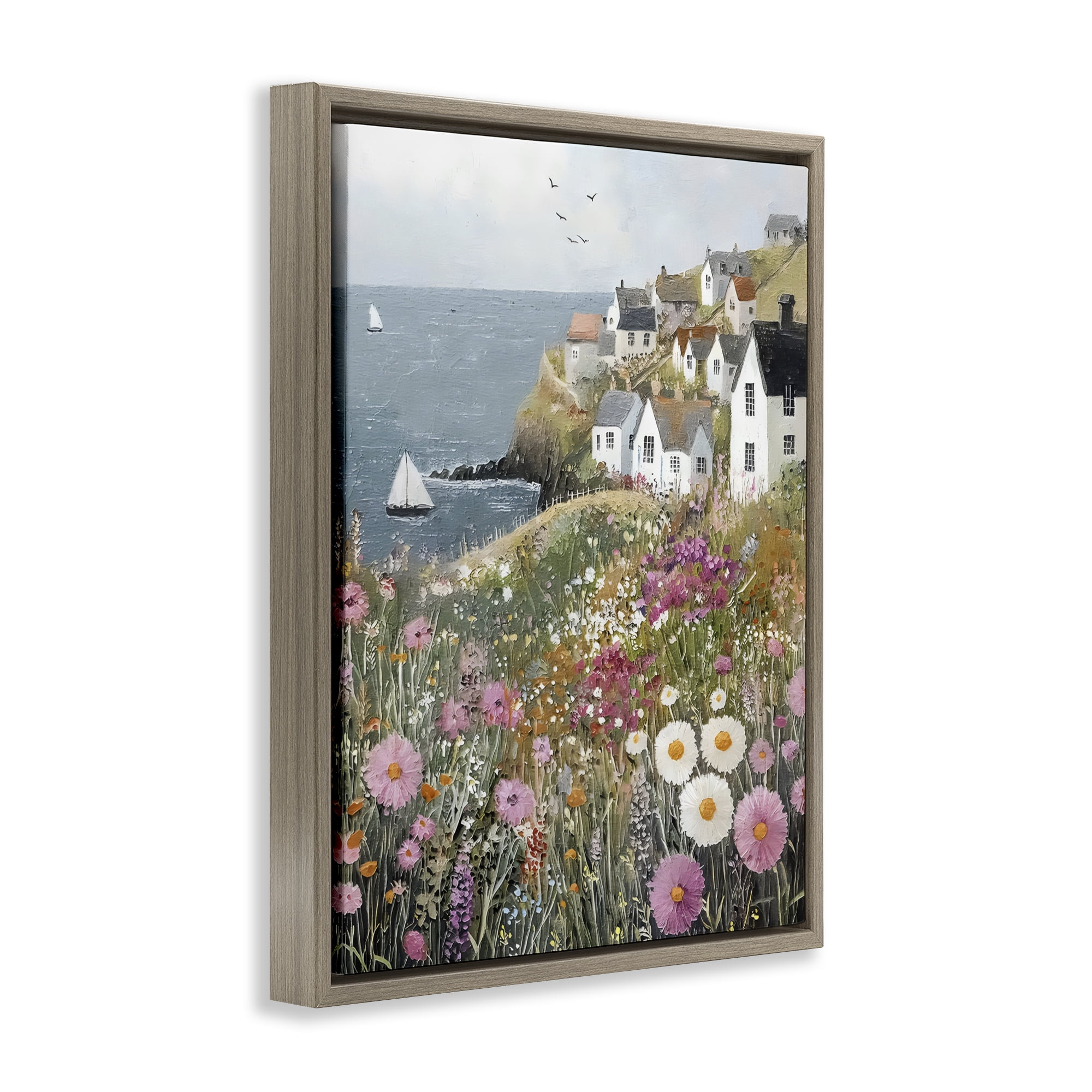 Stupell Industries Pink Meadow Overlooking Sailboats Brown Framed Floater Canvas Wall Art, design by Riley B