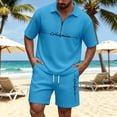thumbnail image 2 of Men Solid Waffle Knit 2 Piece Set,Zip Neck Polo With California Letter Print & Drawstring Shorts Summer Casual Outfit Sky Blue XL, 2 of 4