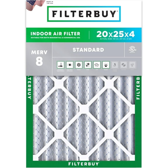 Filterbuy 20x25x4 MERV 8 Dust Defense, Pleated HVAC AC Furnace Air Filters (1-Pack)
