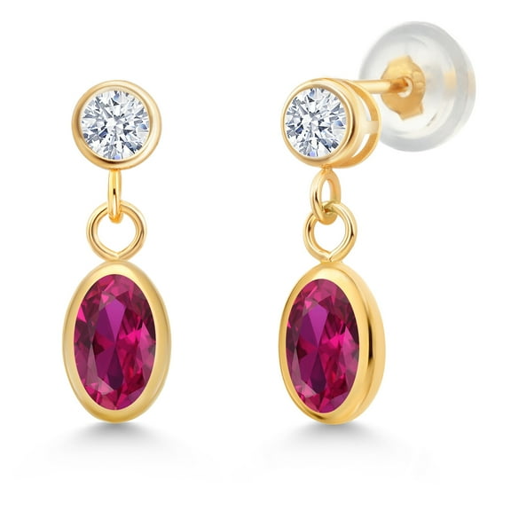 Gem Stone King 14K Yellow Gold Red Created Ruby and White Zirconia Drop Dangle Earrings for Women (1.22 Cttw, Gemstone Birthstone, Oval 6X4MM, Round 3MM)