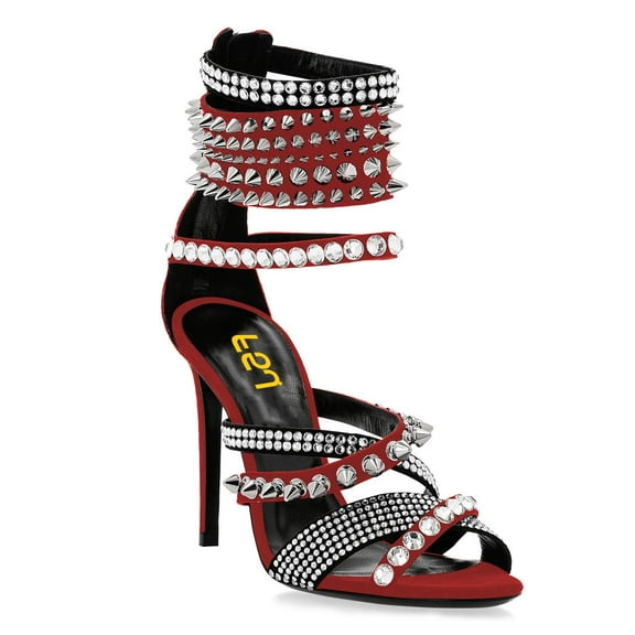 FSJ Women Rivets Studded Crisscross Straps Sandals with Rhinestones Open Toe Zipper Stiletto High Heels Sexy Cocktail Party Dressy Shoes Size 8 Red
