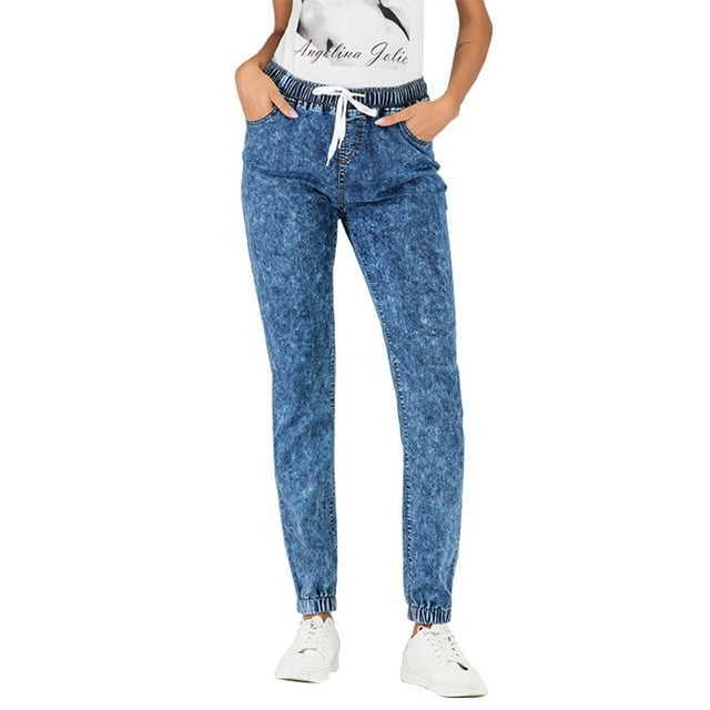 Plus Size Jeans for Women Mid Rise Slim Fit Joggers Denim Pants Casual Jeggings Drawstring Stretch Pants S-5XL  Sea Blue S