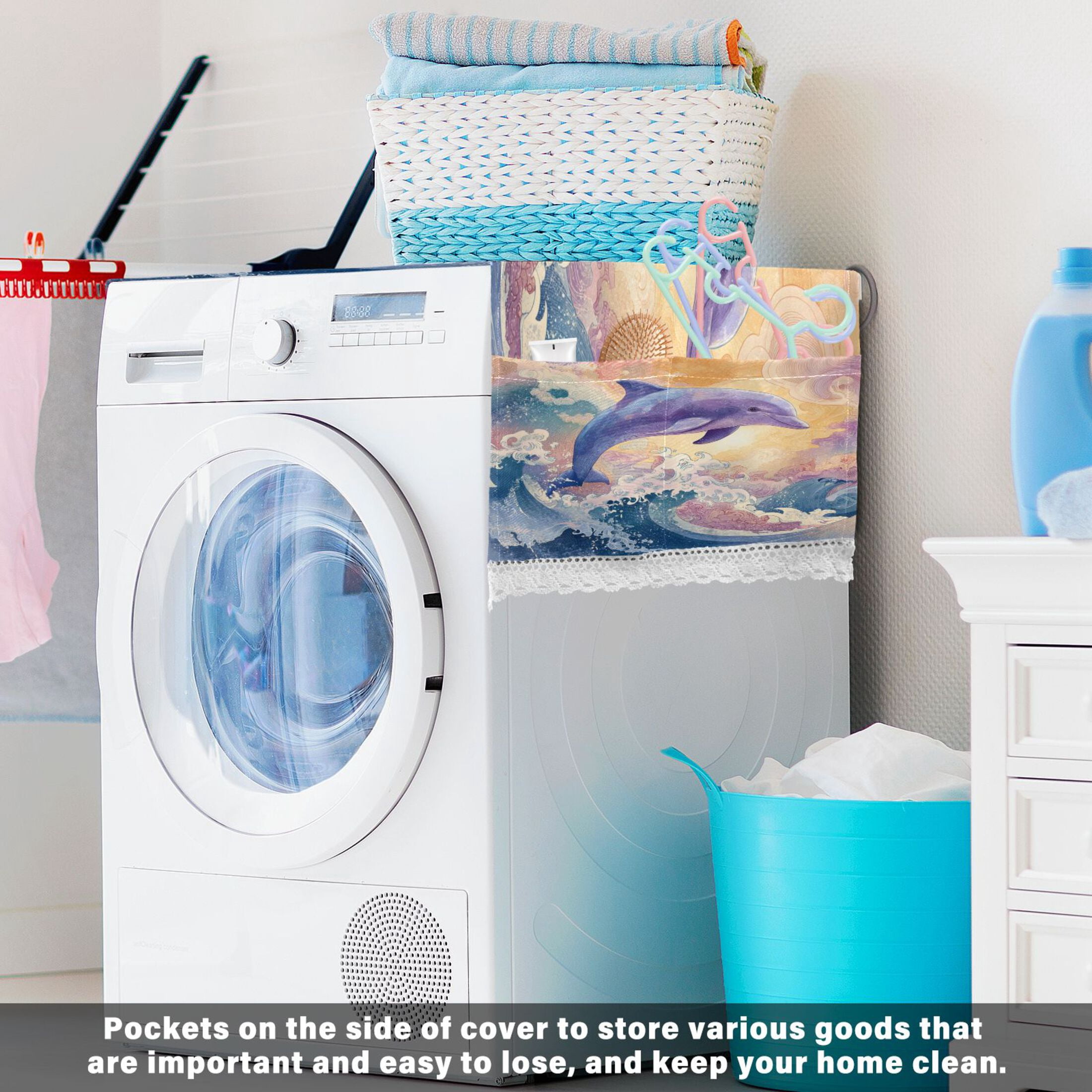 Washing Machine Cover 51.2x22in, Durable Polyester Dust Cover with Lace Trim and Side Pocket for Appliances Dolphin