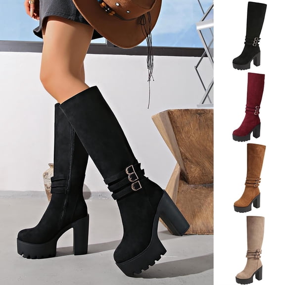 Women's Faux Suede Knee High Platform Boots, Triple Metal Buckle Strap Chunky High Heel Tall Boots, Side Zipper Fashion Boots
