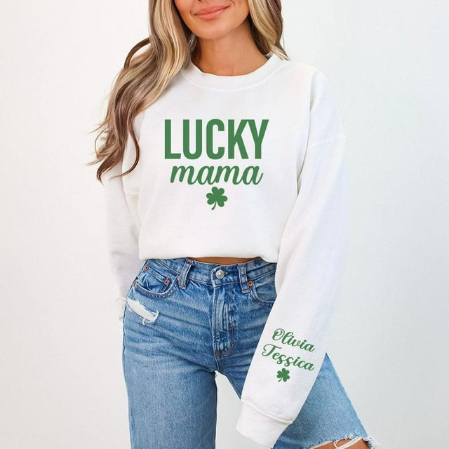 Custom One Lucky Mama Sweatshirt with Kid Names on Sleeve, Personalized Irish Mother Shirt - Black - M