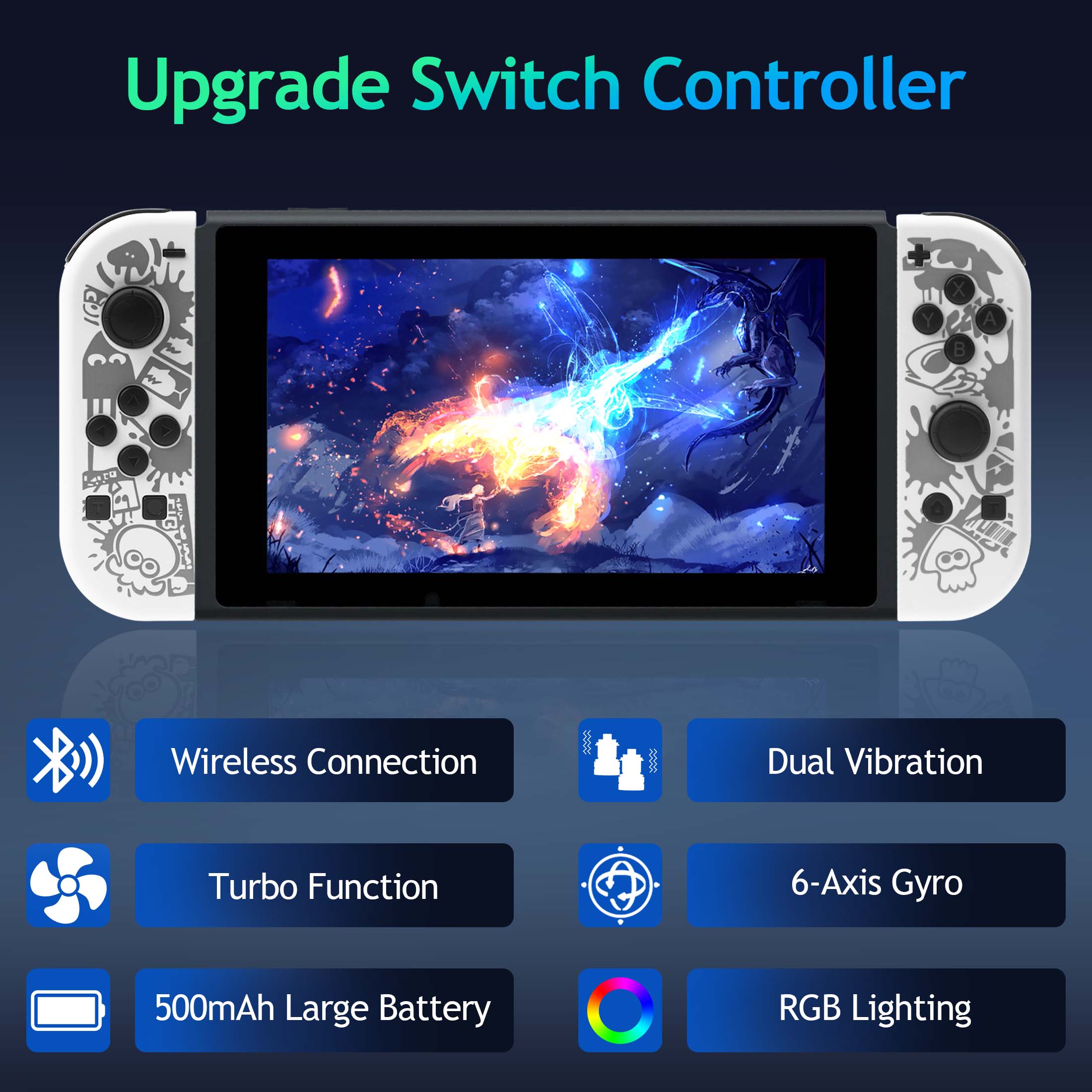 Controlador de Juegos Dividido Inalámbrico, Gamepad Bluetooth con Luz RGB, Movimiento y Vibración, Controlador Recargable para Consola Portátil 2
