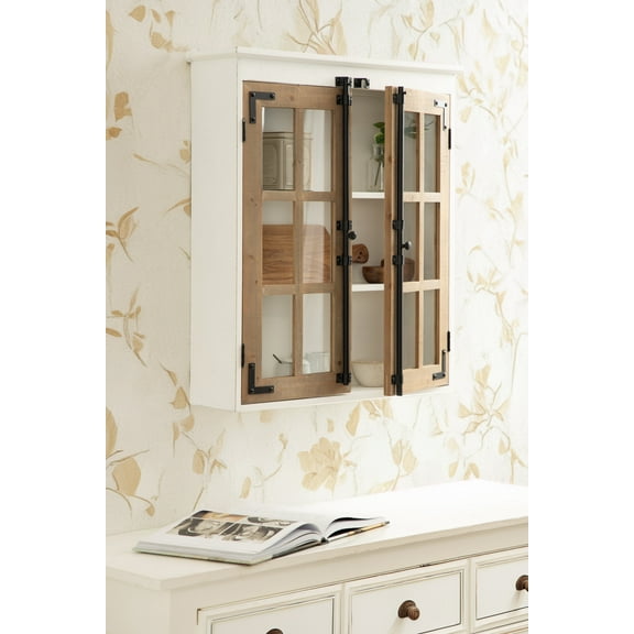 Kate and Laurel Hutchins Farmhouse Tall Wooden Wall Cabinet, 24 x 7 x 28, Rustic Brown and White, Vintage Cabinet with Glass Doors for Use as a Pantry Cabinet or an Over-the-Toilet Storage Cabinet