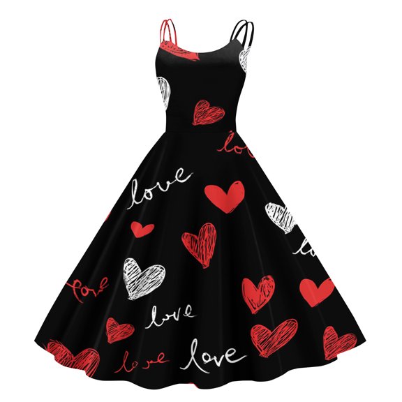 LWavelet 2026 Valentine's Cute Core Spaghetti Strap Dress, Heart Print Brunch Outfit Flared Swing Sundress Black M