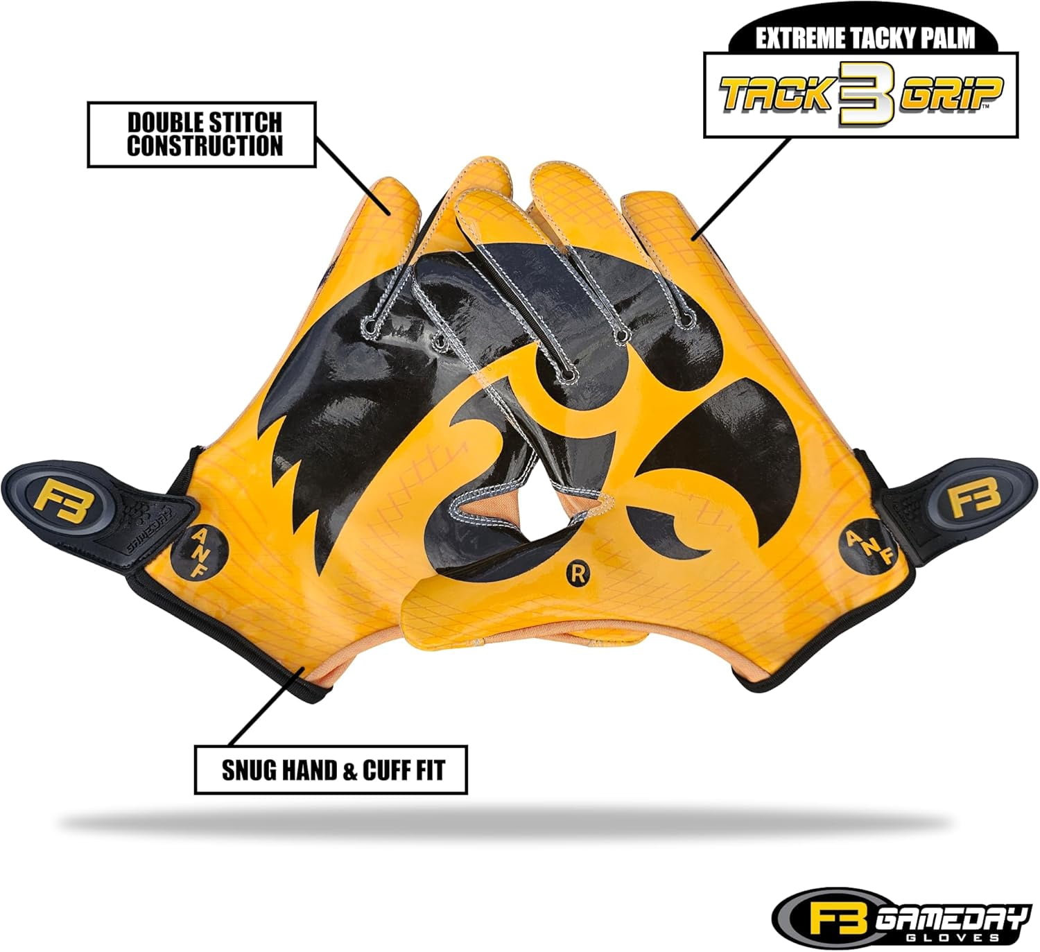 Scale Wear Design University of Iowa Hawkeyes Football Gloves with Super Stick-Tach Silicone Grip Palms. Men's & Youth Boys Sticky Football Receiver Gloves (Yellow, Adult-XL)