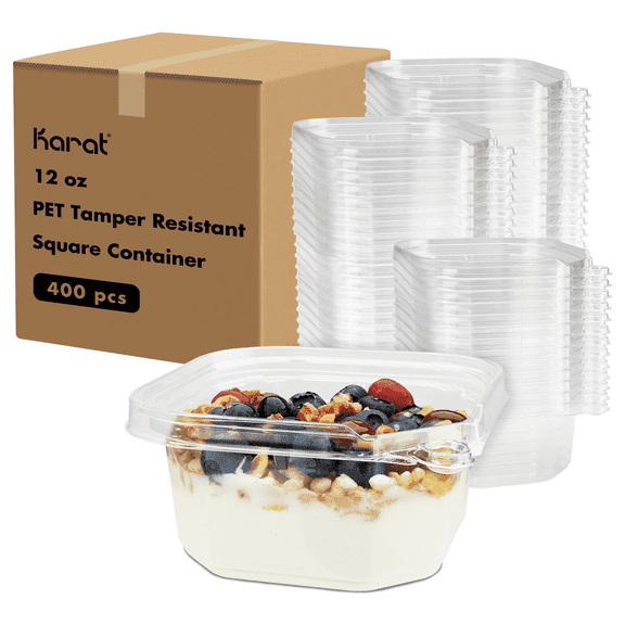 Karat 12oz PET Tamper Resistant Square Container, Clear - 400 pcs