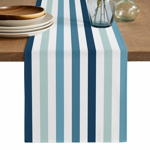 Teal Blue Stripe Table Runner, Ombre Geometric Aqua Vertical Striped Washable Cotton Linen Table Runners 72 Inches Long, Dresser Scarf Runner for Dining/Coffee/Kitchen/TV Stands/Cabinets 13''x72''