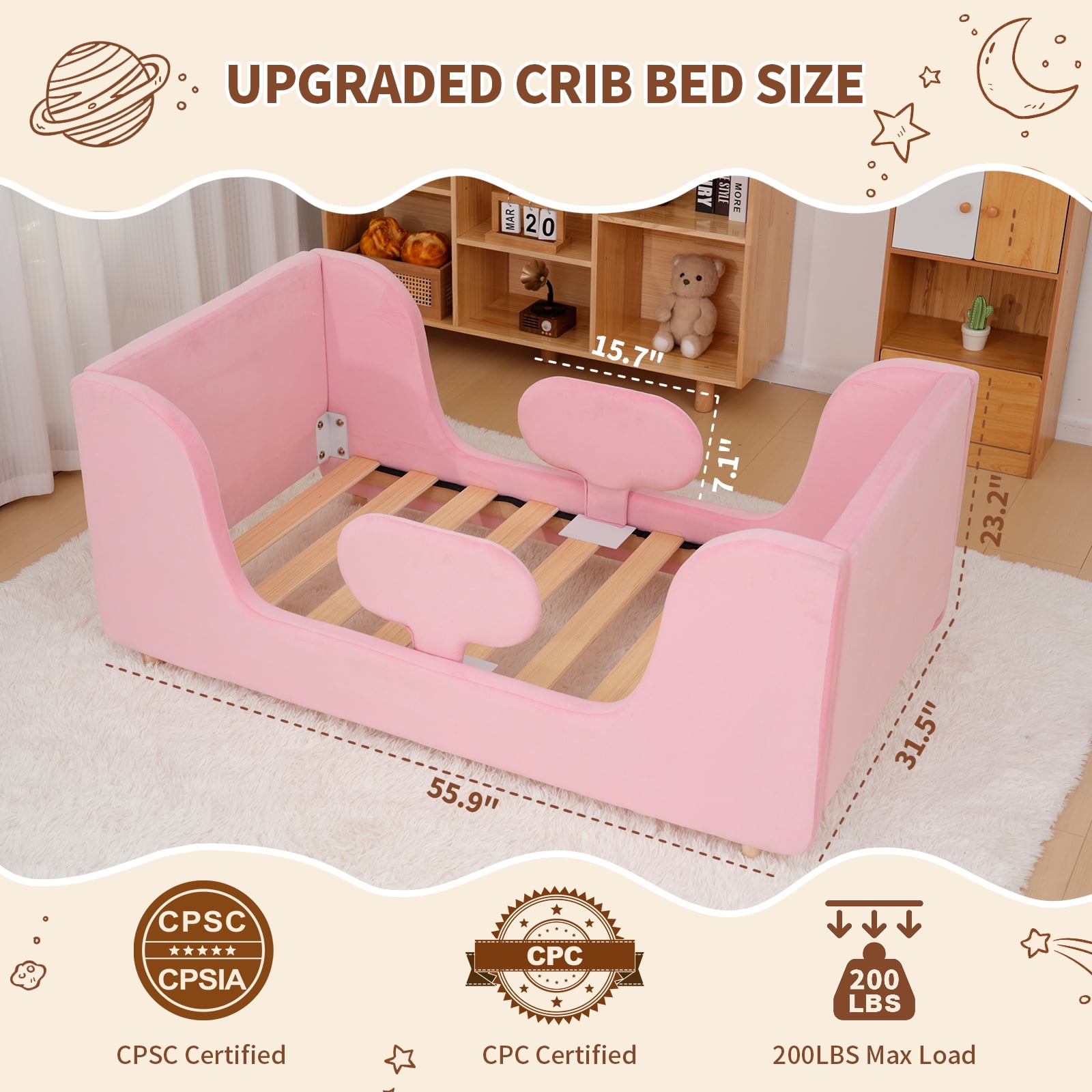 Slsy Toddler Bed, Toddler Floor Bed Frame with Removable Guard Rails, Small Bed for Kids Boys and Girls Aged 1-6 Years, Standard Crib Size Toddler Bed, Certified Fabric Toddler Beds