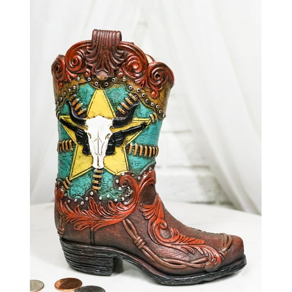 Western Star Texas Longhorn Colorful Faux Tooled Leather Cowboy Boot Money Bank