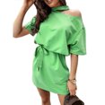 thumbnail image 2 of Zeus Robe Mini Élégante pour Femmes Couleur Unie Col Halter une Épaule Manches Courtes Ceinture Taille, 2 of 7