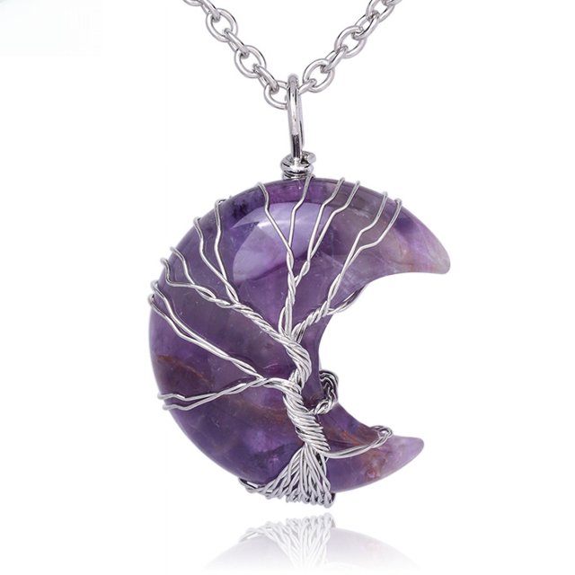 Collar con colgante de cristal natural con forma de luna y árbol de la vida, colgante de Reiki de piedra natural de cuarzo rosa