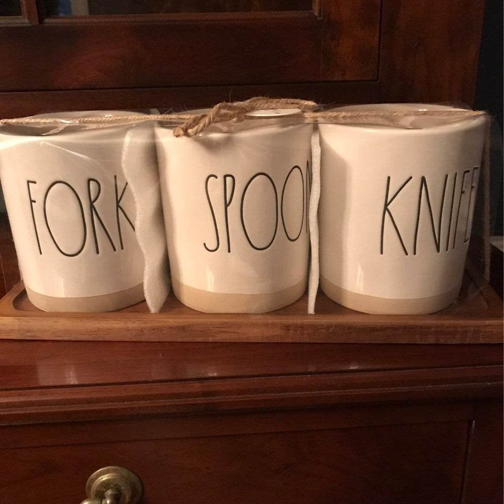 Rae Dunn 4 Piece Set in Ivory FORK SPOON KNIFE with Black LL lettering