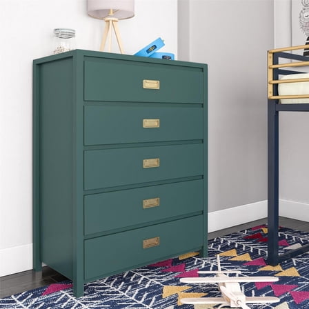 Haven 5-Drawer Kids Dresser Dark Green Gold Handle Anti-Tip Storage Cabinet Bedroom Teen Chest of Drawers
