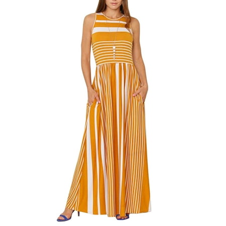 Utowu Women Bobo Sleeveless Stripe Long Maxi Dress Casual Party Beach Outfits