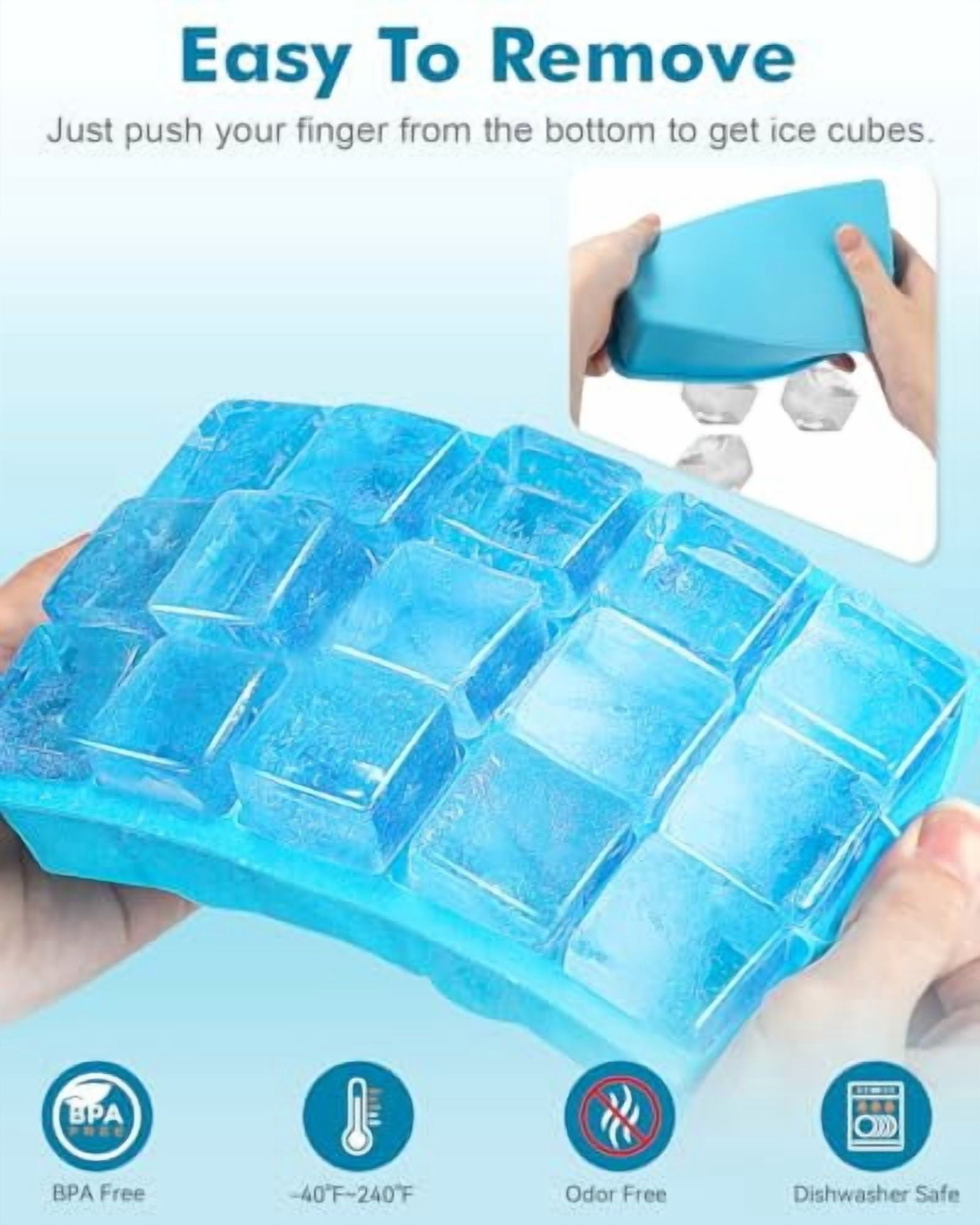 2 Pack Silicone Ice Cube Trays with Easy Release, Flexible Freezer Molds for 15 Cubes, Reusable BPA-Free for Cocktails and Whiskey