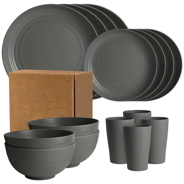Dvruxg 16 Pcs Kitchen Wheat Straw Dinnerware Set, Plastic Reuasble Dinner Dishes Serving Plate Set for Kitchen, Including Dinner Plate, Dessert Plate, Bowl, Cup