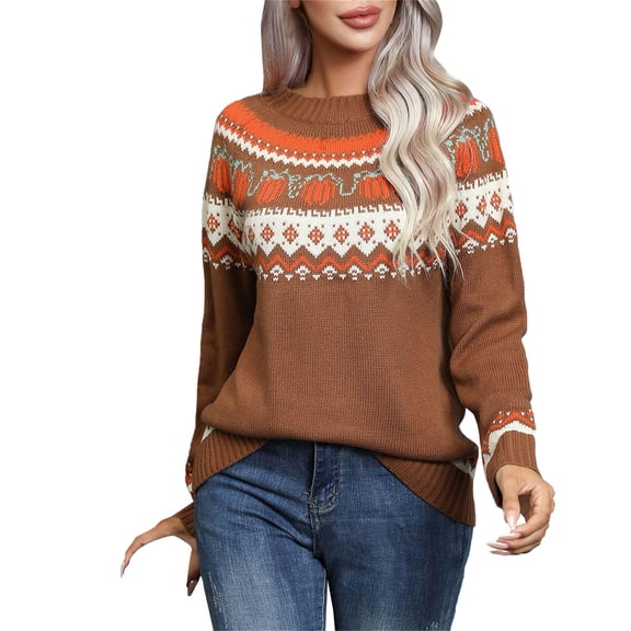 Halloween Womens Long Sleeve Sweater Pumpkin Pattern Long Sleeve Knit Sweater Crewneck Casual Pullover Top for Fall Pullover Sweaters for Women