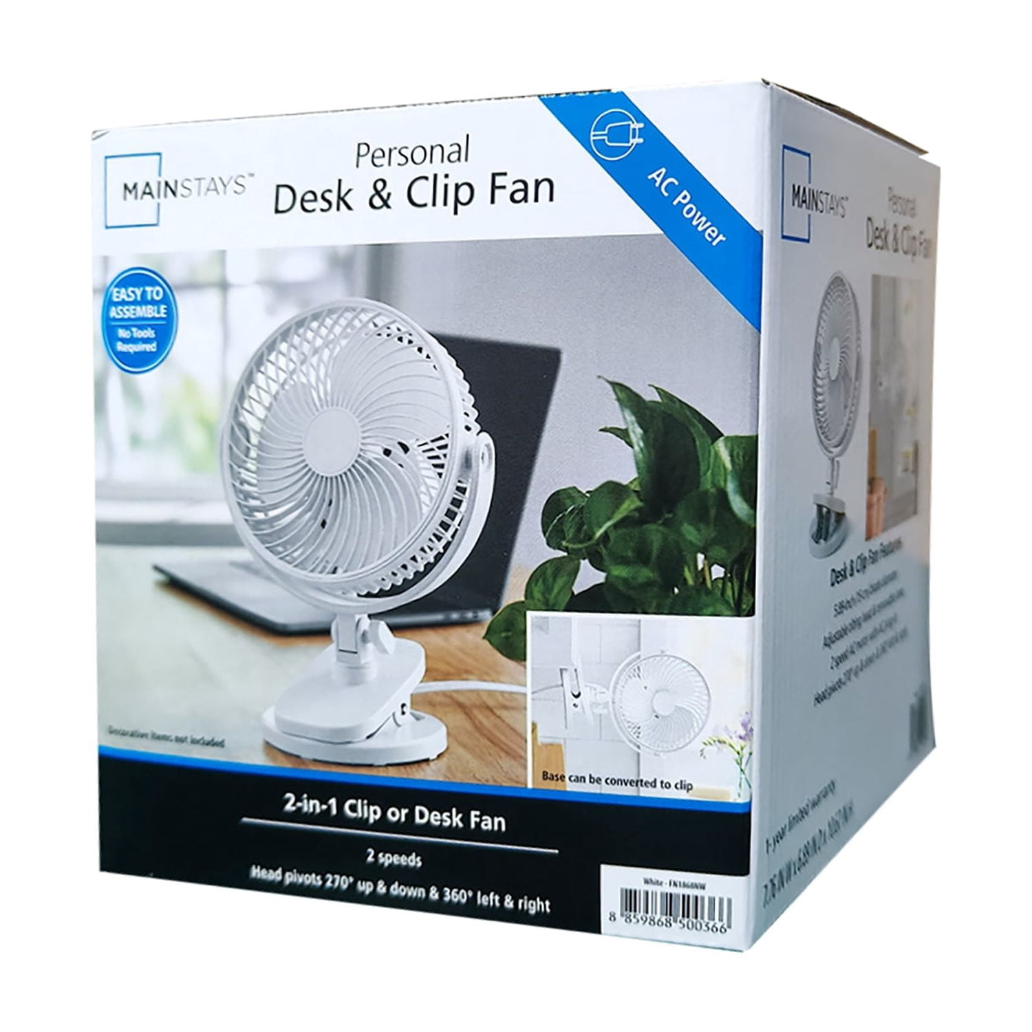 Mainstays 6" 2-speed Personal Desktop and Clip Fan, Adjustable Rotates 360°, White, Model#FN1868NW