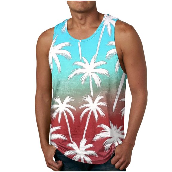 Timoontee Mens Sleeveless Top Palm Tree Gradient Print Sleeveless Silhouette Lightweight Fabric for Beach Vacations Yellow XL