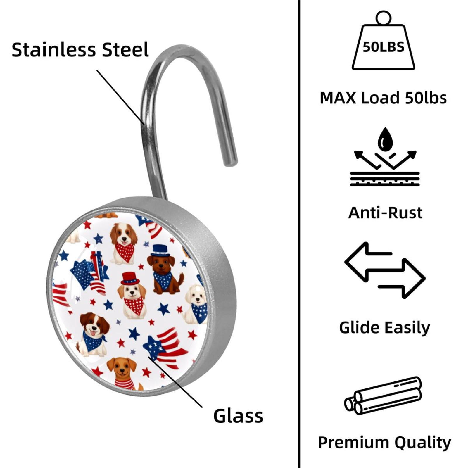 12pcs Decorative Shower Curtain Hooks, Rust Resistant Shower Rings for Bathroom Living Room,Rustproof Stainless Steel Rings for Shower Curtain and Liner Rods,4th of July Dog