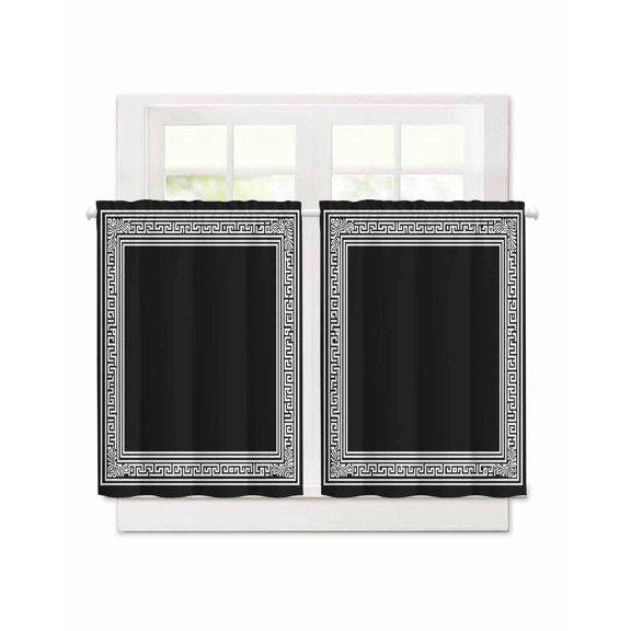 Black White Short Blackout Curtains 45 Inch Long Geometric Greek Key Bordered Abstract Art Rod Pocket Kitchen Curtains, 2 Panels Thermal Insulated Room Darkening Drapes for Bedroom, 30"W x 45"L