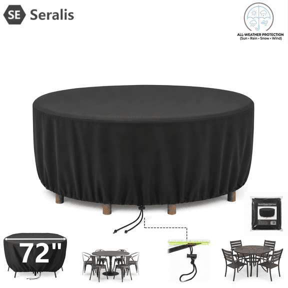 Seralis Round Patio Table Cover 72" Dia Black Patio Furniture Set Cover Waterproof Anti-Fading