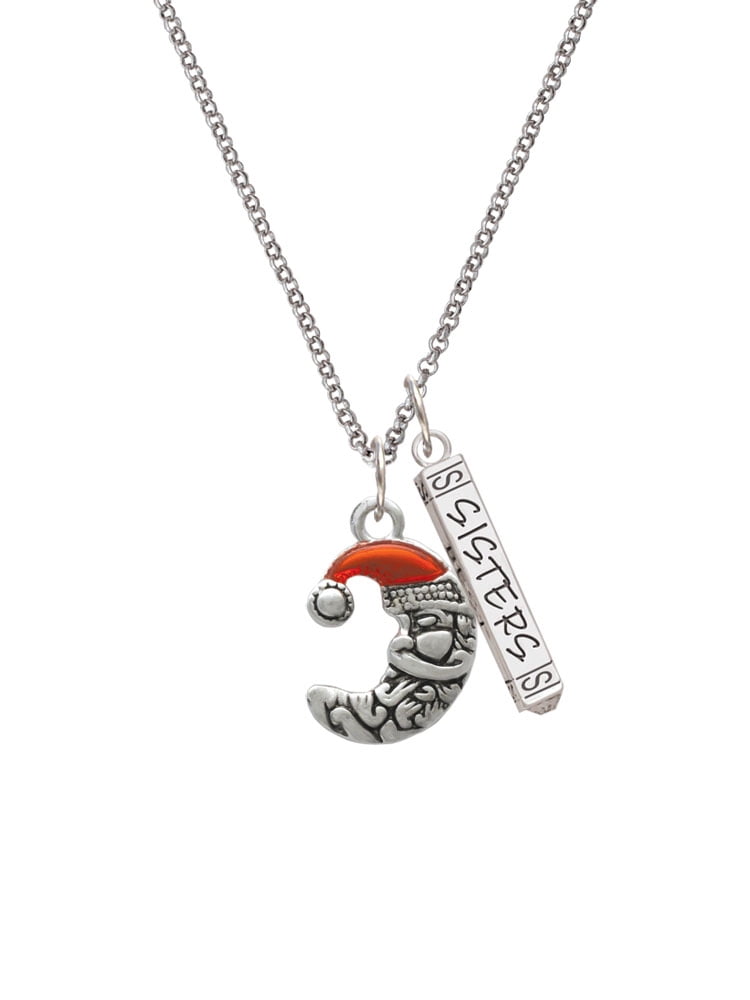 Delight Jewelry Silvertone Small Crescent Moon Santa Silvertone Sisters Best Friends Forever Bar Charm Necklace, 23"