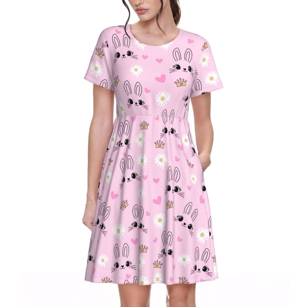 Disketp Rabbit Face para Vestido de Manga Corta para Mujeres, Vestidos de Verano para Mujeres, Casual y Holgado para la Playa