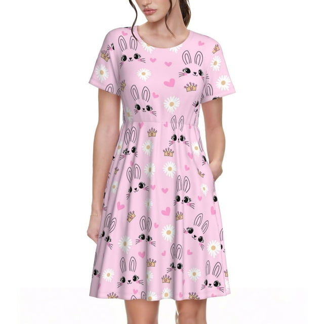 Saiise Robes d'Été Motif Visage de Lapin pour Femmes T-Shirt Décontracté Manches Courtes Robe de Plage Florale avec Poches