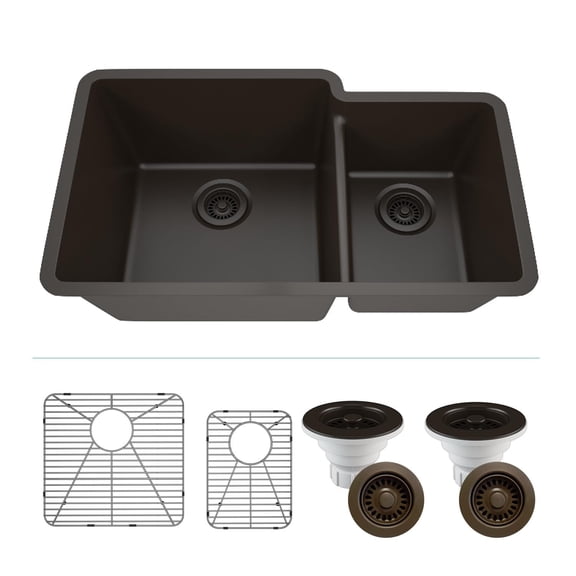 32" x 19" Quartz Kitchen Sink, 60/40 Double Bowl Kitchen Sinks, Drop in sink, Undermount Sink, Galaxy Mocha Kitchen Sink, Double Sink Kitchen, Grids,Strainer and Flange, Lexicon Platinum LP-6040-M