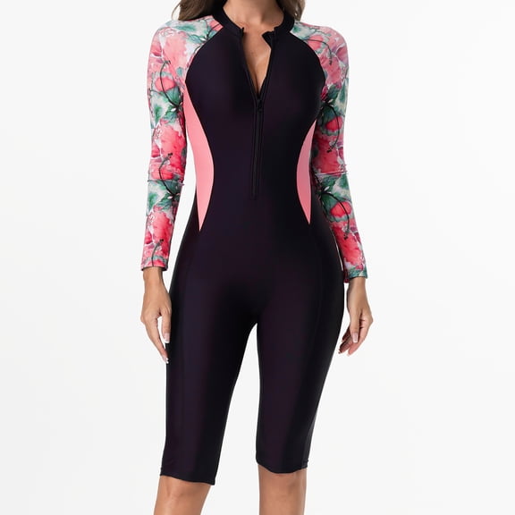 WXLWZYWL Women's Long Sleeve Rash Guard Swimsuits Zipper One Piece Athletic Surfing Bathing Suits Tummy Control Swimwear