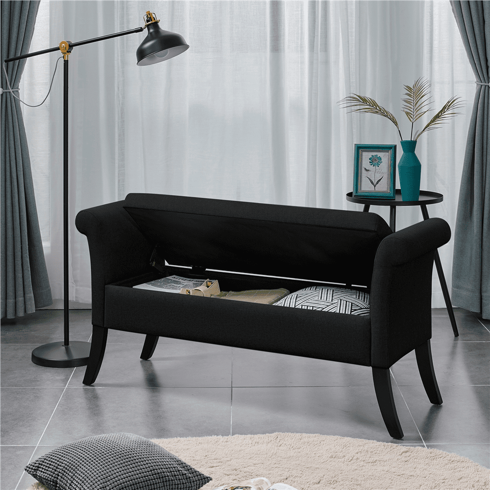 Yaheetech Modern Fabric Tufted Storage Bench Cushioned Ottoman Bench with Rolled Arms, Black