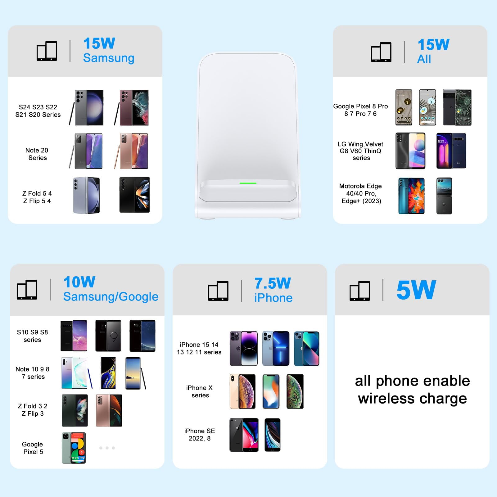 ABCPOW 2Pack Fast Wireless Charger Stand15W Wireless Charger Pad Cordless Charging Station Android Phone Holder Dock Compatible for iPhone 17 16 15 14 Samsung Galaxy S25 S24 S23 Ultra S22 Plus,White