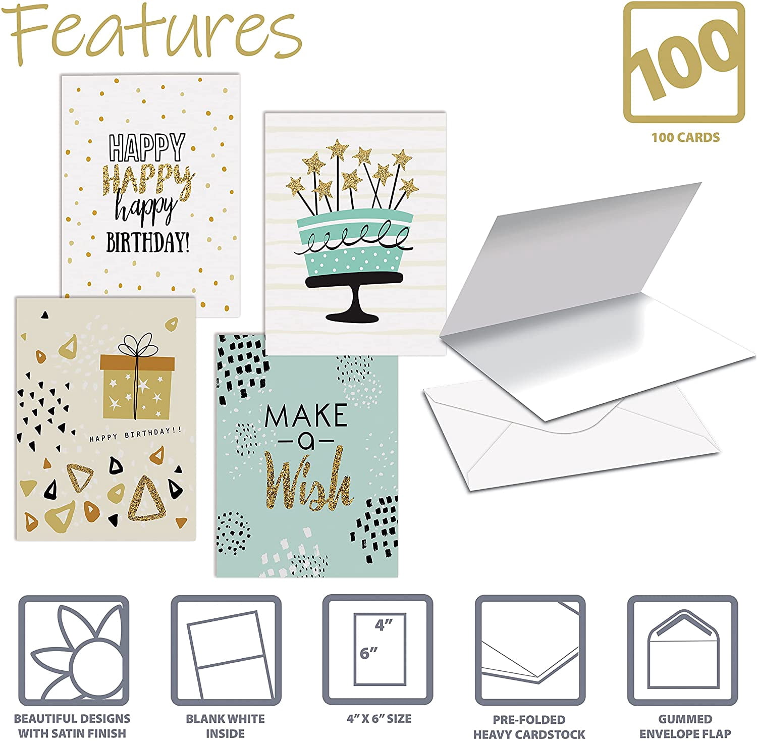 Better Office Birthday Cards with Envelopes 6" x 4" Assorted Colors 100/Pack (64530)