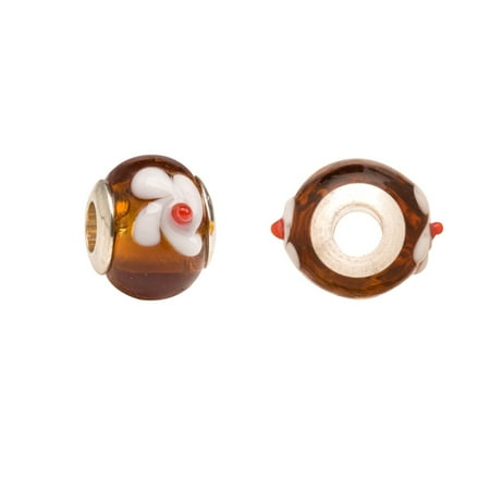 Amber Murano Glass Crystal - Pink Flower Amber Glass Large Hole Beads Murano Lampwork European Glass Crystal Charms Beads Spacers Fit Pandora Troll Chamilia Carlo Biagi Zable Snake Chain Charm Bracelets 11.5x14mm 4pcs