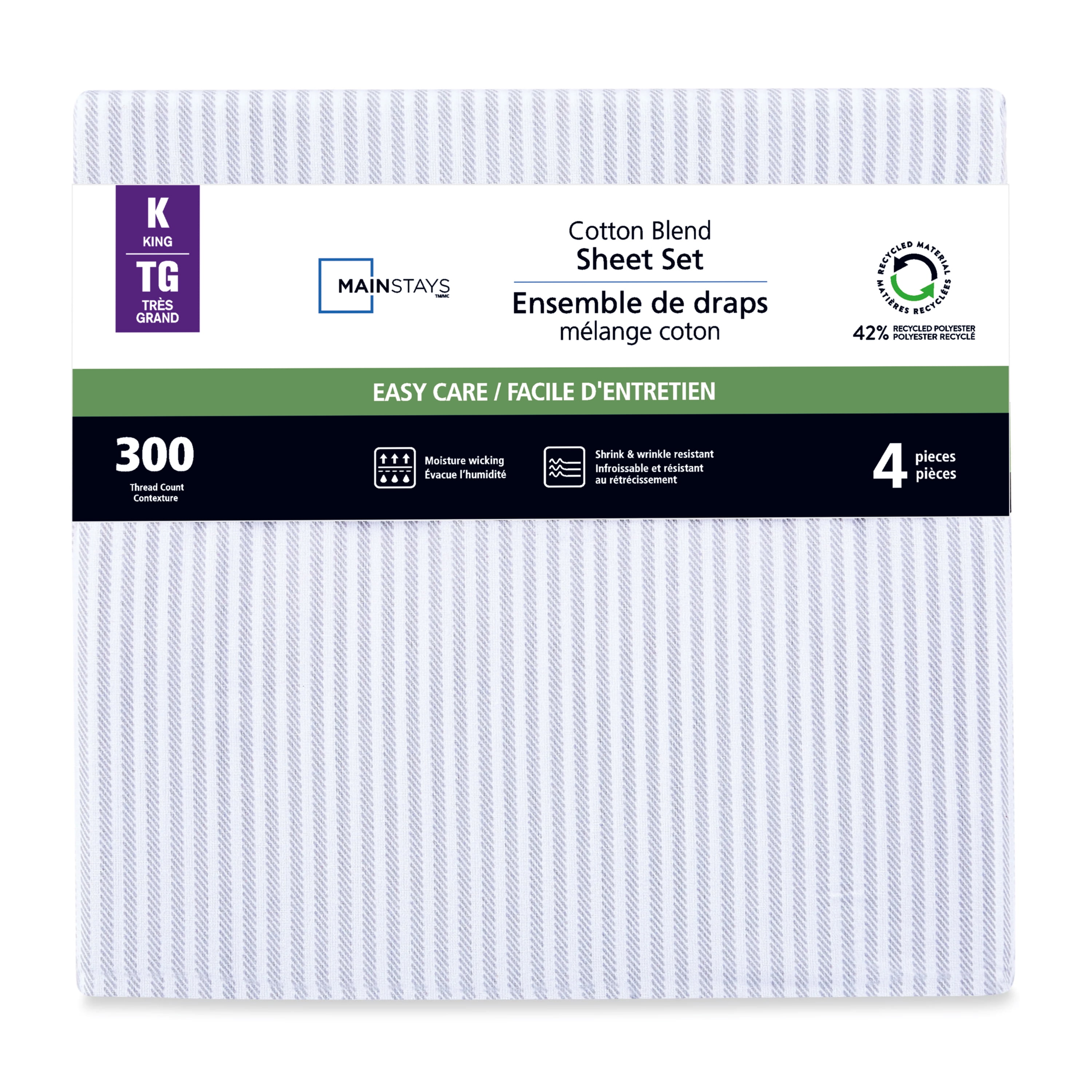 Mainstays 4-Piece 300 Thread Count Grey Stripe- CVC Cotton Blend Bed Sheet Set, King(Adult), King Sheet Set