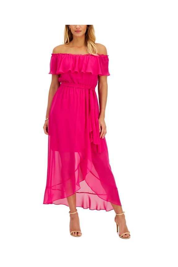 Womens Pink Ruffled Sheer Lined Tie Waist Short Sleeve Off Shoulder Maxi Party Fit + Flare Dress 6