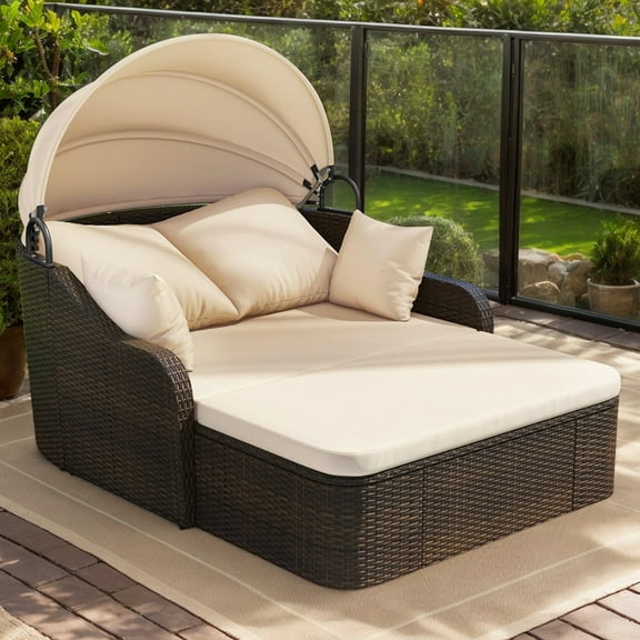 Resenkos Patio PE Rattan Daybed with Retractable Canopy and Soft Cushions-Beige