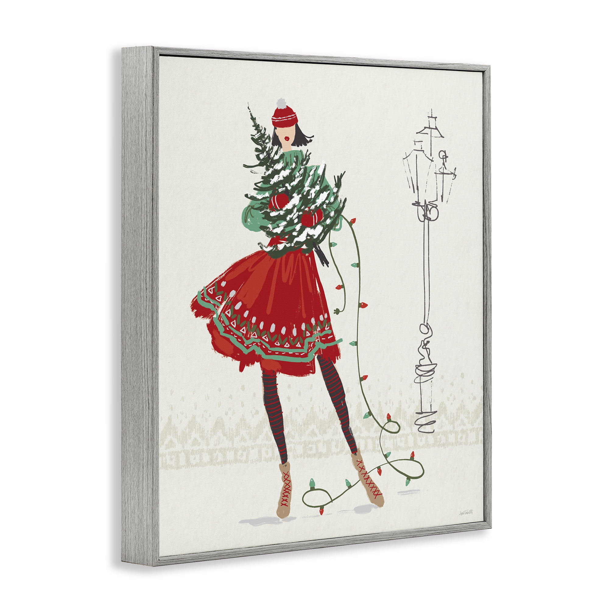 Stupell Industries Festive Fashion Girl Holiday Painting Gray Framed Art Prints Wall Art, 16 x 20