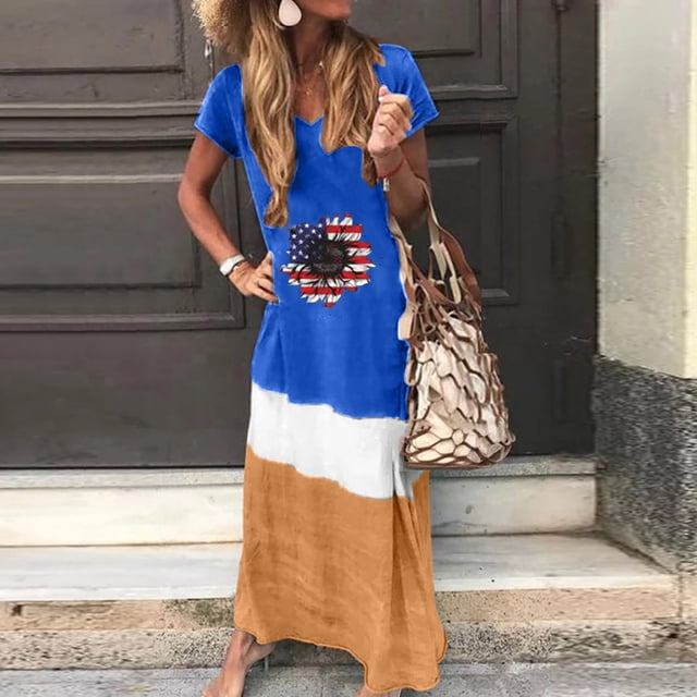 Robes Maxi pour Femmes 2023 avec Manches Robe Décontractée Ample pour Femmes à Empiècements à Manches Courtes Imprimée à Col Rond Longueur Cheville Robe à Manches Courtes en Liquidation